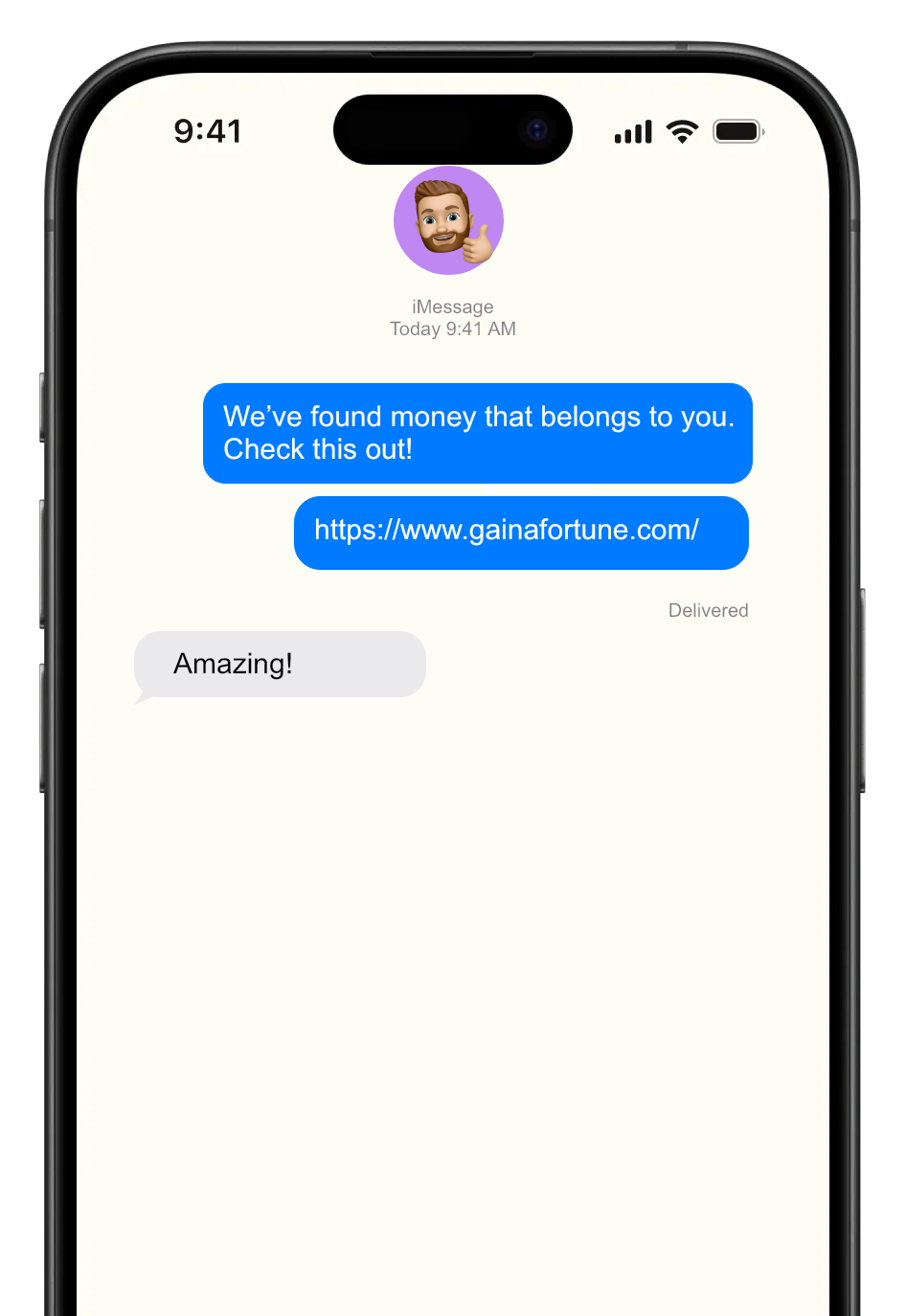 iMessage preview showing found funds and reply